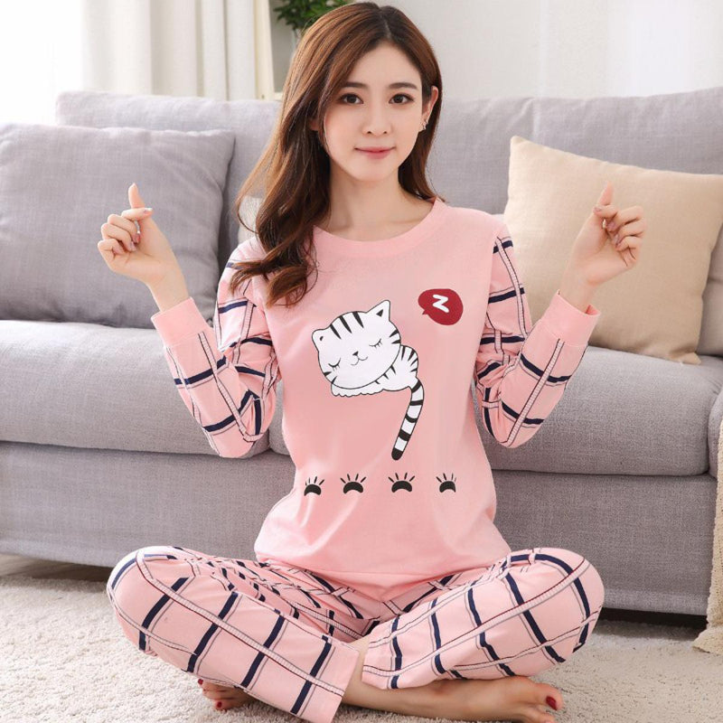 Night Suit For Ladies - Stylish Sleeping Cat Printed Full Sleeves (PD)